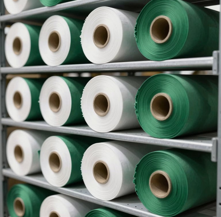 Macro shot of organized fabric rolls in deep green and white tones, stacked neatly on industrial metal shelves under bright natural daylight.