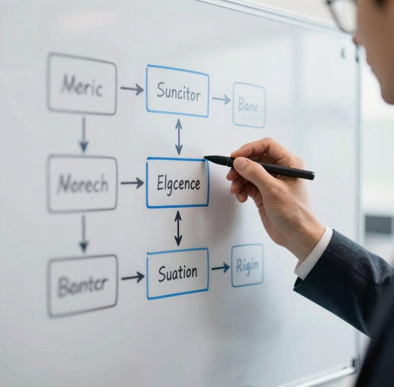 Close-up of hands writing a structured workflow diagram on a whiteboard, bright natural office daylight, sharp focus.