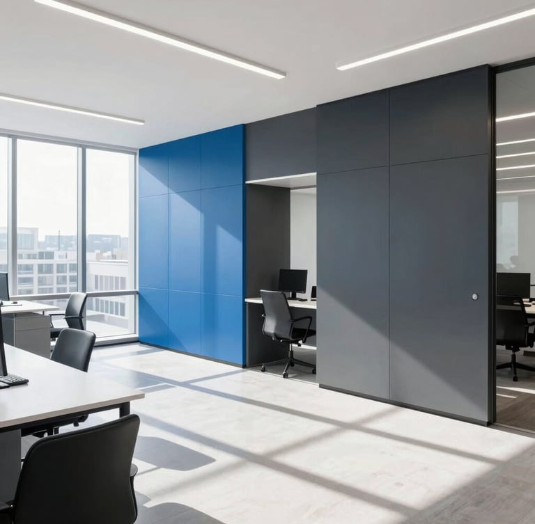 Wide environmental shot of a bright, clean Lutz office with professional blue and charcoal accents, natural daylight streaming in.