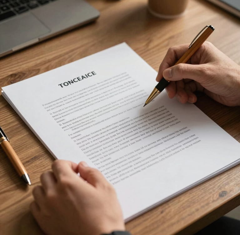 Observation shot of hands holding a printed policy document, a wooden pen resting nearby, warm morning light casting soft shadows.