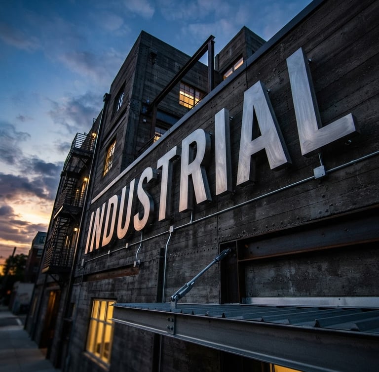 Low-angle architectural shot of massive brushed stainless steel channel letters mounted on a dark concrete building facade at dusk, sharp focus, 35mm lens