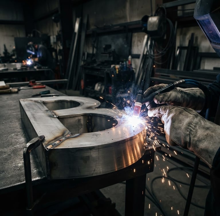 Close-up of a precision welding torch creating sparks on a brushed stainless steel channel letter frame, high-contrast industrial lighting, dramatic workshop environment, 35mm lens