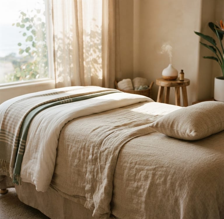 Warm editorial photography of soft diffused coastal daylight falling on textured linen sheets in a quiet, sun-dappled San Diego treatment room, 35mm