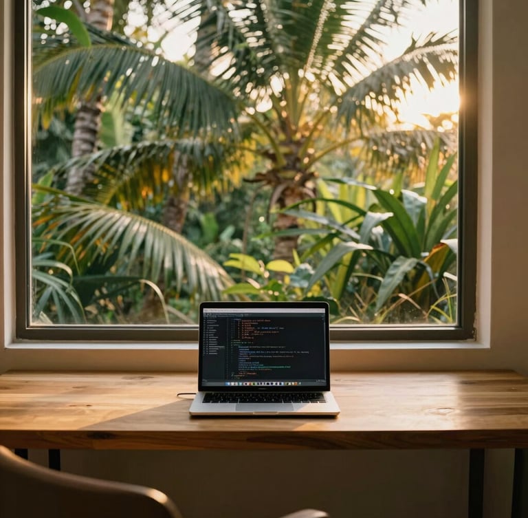 A sun-dappled modern interior workspace with a clean teak desk, a laptop showing lines of code, a large window overlooking lush tropical palms, warm golden hour light