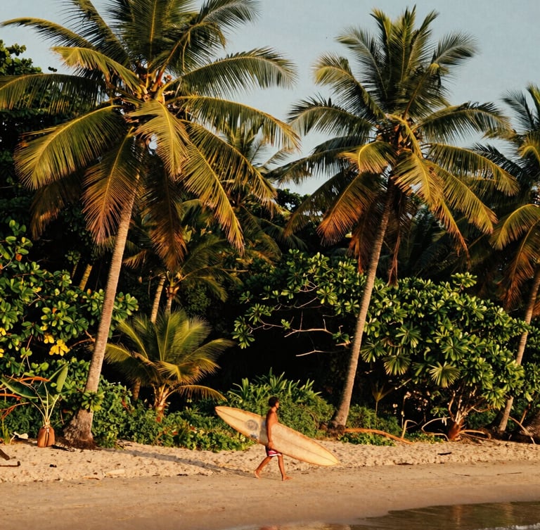 Warm golden-hour editorial photo of a lone surfer carrying a wooden board along Playa Cocles, towering palm trees, deep green jungle canopy, 35mm film style.