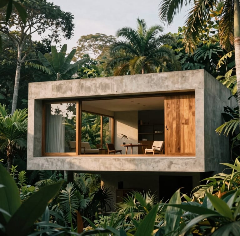A vertical portrait of a modern concrete and teak two-story house, large open windows showing a minimalist study inside, surrounded by dense tropical foliage, warm morning light.