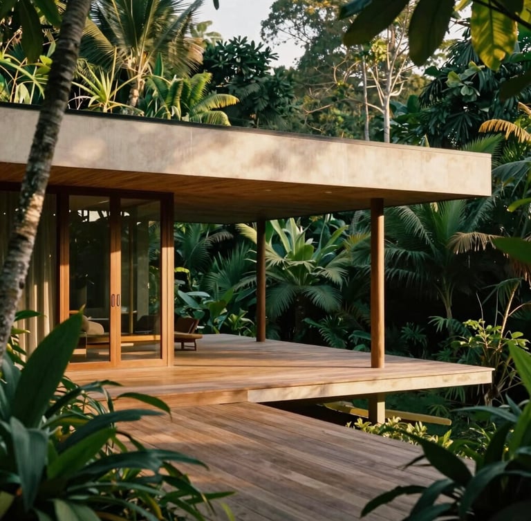 Warm editorial architectural photograph of a modern minimalist tropical villa, teak wood deck, lush jungle foliage framing the terrace, soft morning light
