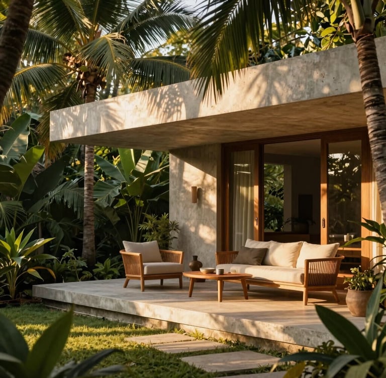 Warm editorial portrait of a modern concrete and teak wood casita terrace, dappled golden-hour sunlight filtering through lush palm fronds, high-end outdoor furniture.