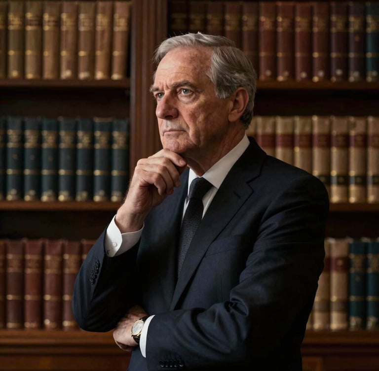 Dignified portrait of senior legal counsel in a dark tailored suit, deep thought, warm low-key side lighting, dark wood library background with leather-bound books, cinematic editorial photography