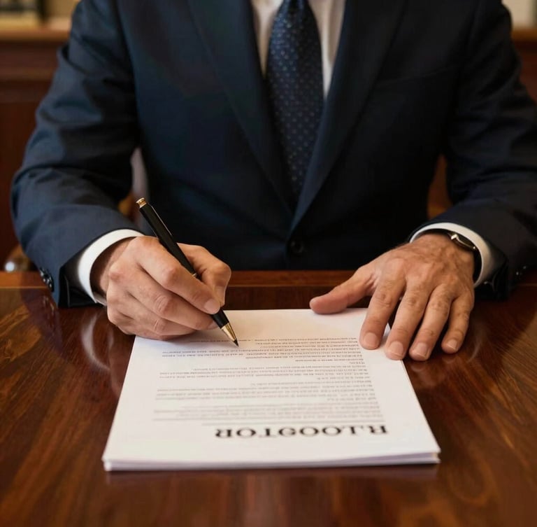 Close-up of hands signing formal legal documents on a majestic dark mahogany desk, warm focused lighting, professional corporate legal setting, cinematic editorial