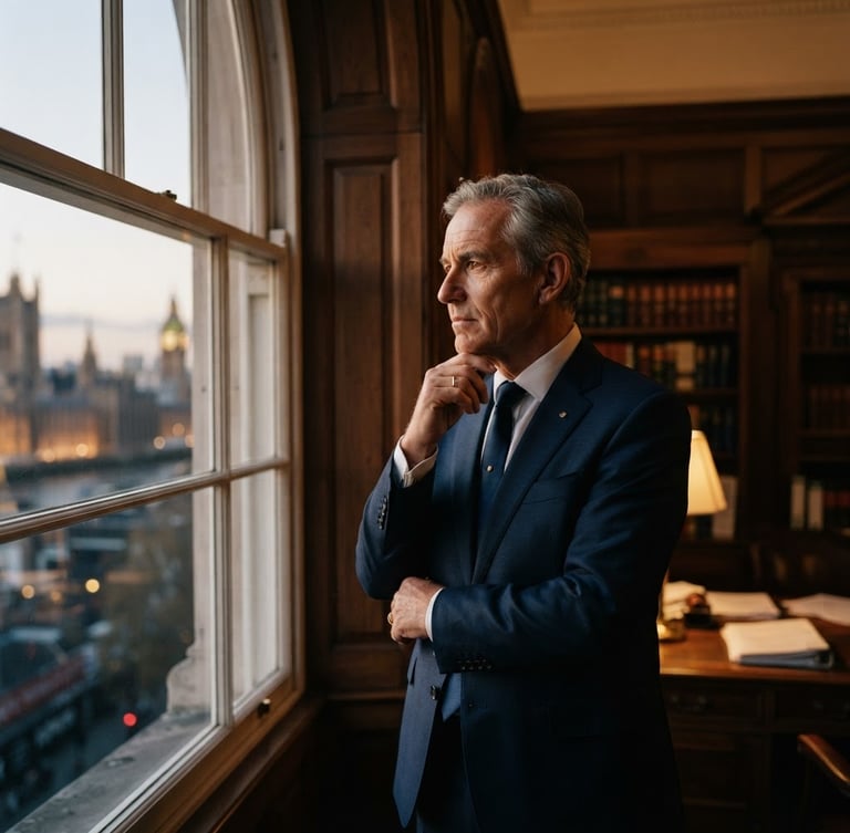 Cinematic editorial portrait of a senior legal counsel in a deep navy suit, looking thoughtfully out a high courtroom window, warm low-key side-lighting, dark wood office background, 35mm lens
