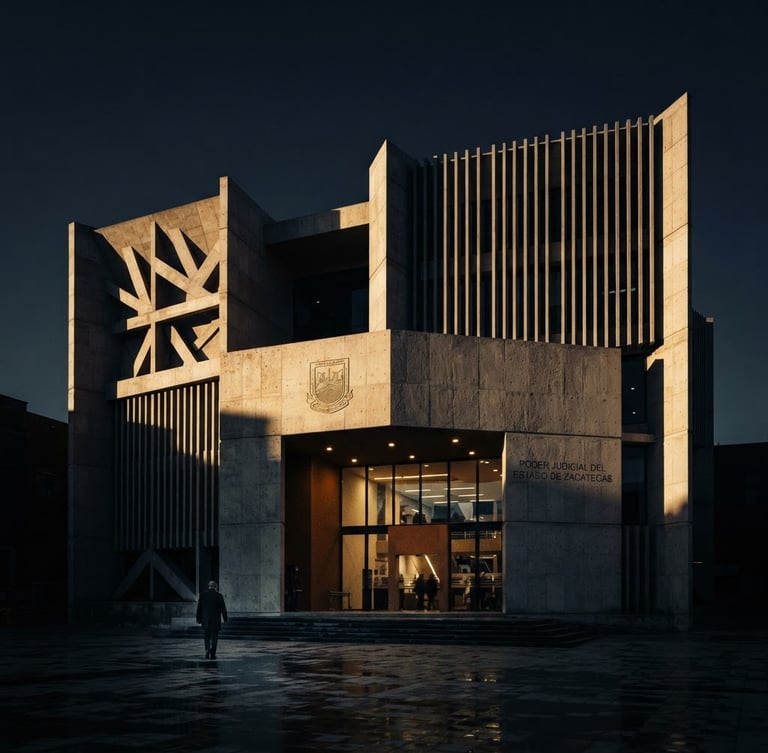 Cinematic editorial photography of a modern courthouse facade in Zacatecas, low-key dramatic side-lighting, deep navy shadows and warm gold highlights, 35mm lens
