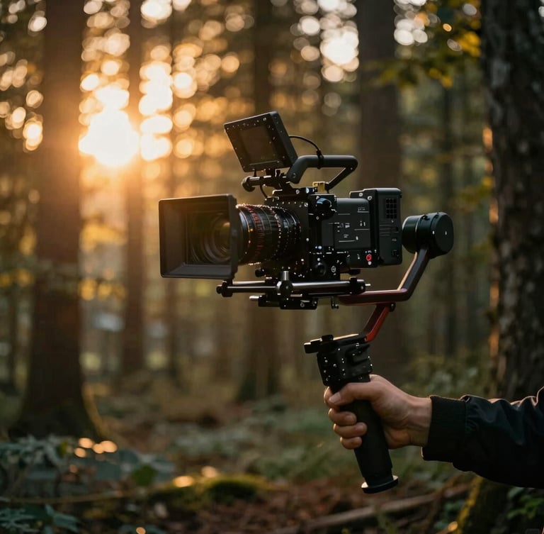 High-end cinema camera rig mounted on a stabilizer tracking through a dense forest at golden hour, dramatic lens flare, rich warm tones.