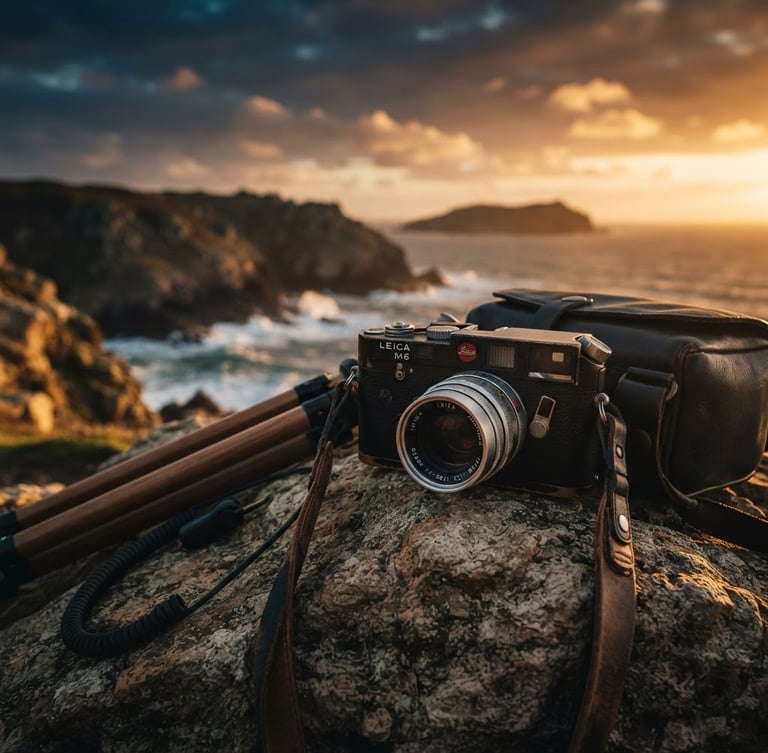 Widescreen cinematic composition of high-end camera gear on location at golden hour, deep moody shadows, 35mm lens.