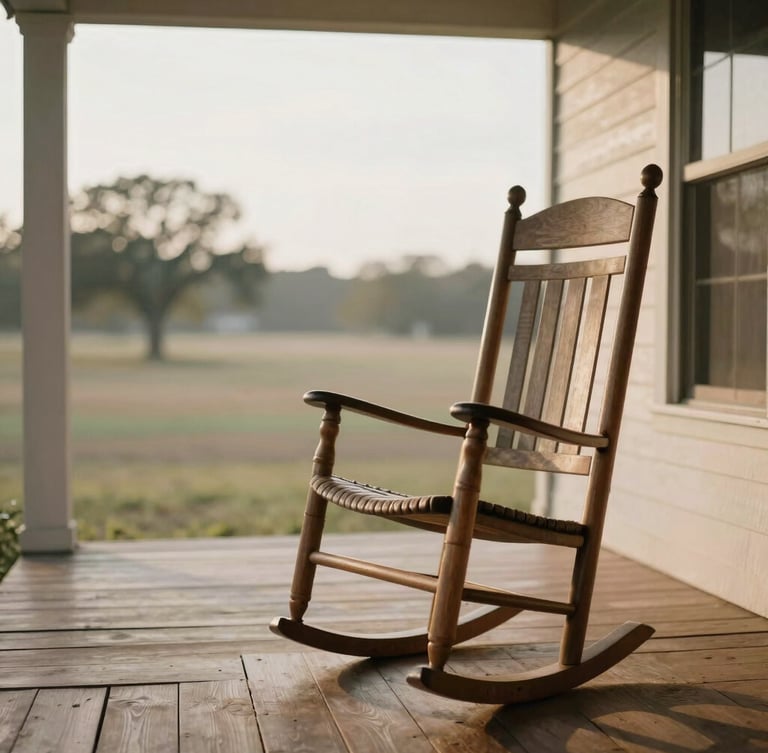Warm morning light hitting a rustic wooden front porch in Texas, a rocking chair, soft focus, peaceful negative space.