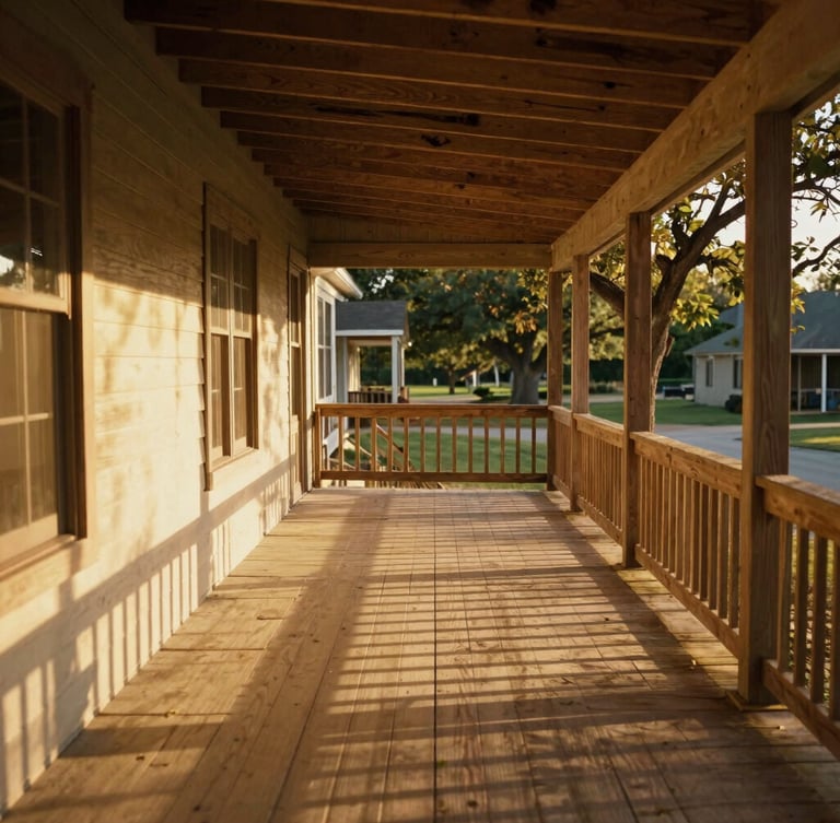 Grounded view of a sunlit wooden front porch in Texas, warm golden light casting long shadows across the floorboards
