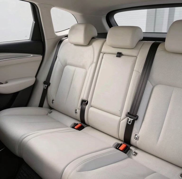 Pristine leather cabin of a modern luxury vehicle, soft daylight illuminating the clean dashboard and immaculate stitching, zero clutter.