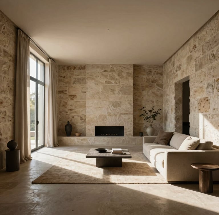 Wide-angle architectural interior of a sun-drenched minimalist living room with raw stone walls, linen drapery, and north-facing daylight.