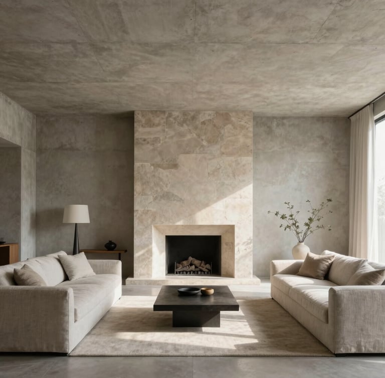 Wide architectural crop of a minimalist sun-drenched living room with high concrete ceilings, raw stone fireplace, and soft north-facing daylight casting subtle shadows on linen furniture.