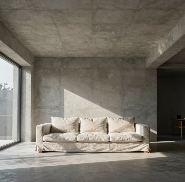 Wide-angle architectural shot of a sun-drenched living room with high ceilings, minimalist concrete walls, soft north-facing daylight casting long shadows, pristine linen sofa.
