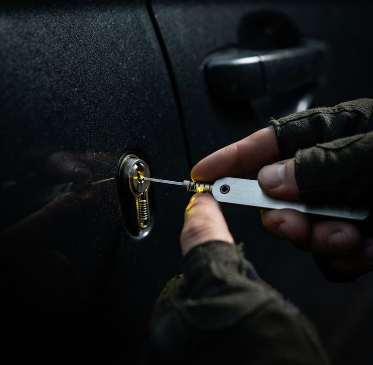 Macro close-up of a professional locksmith's hands using a precision decoder tool inside a luxury car door lock, dramatic high-contrast lighting with safety yellow reflections, sharp metallic textures, dark background.