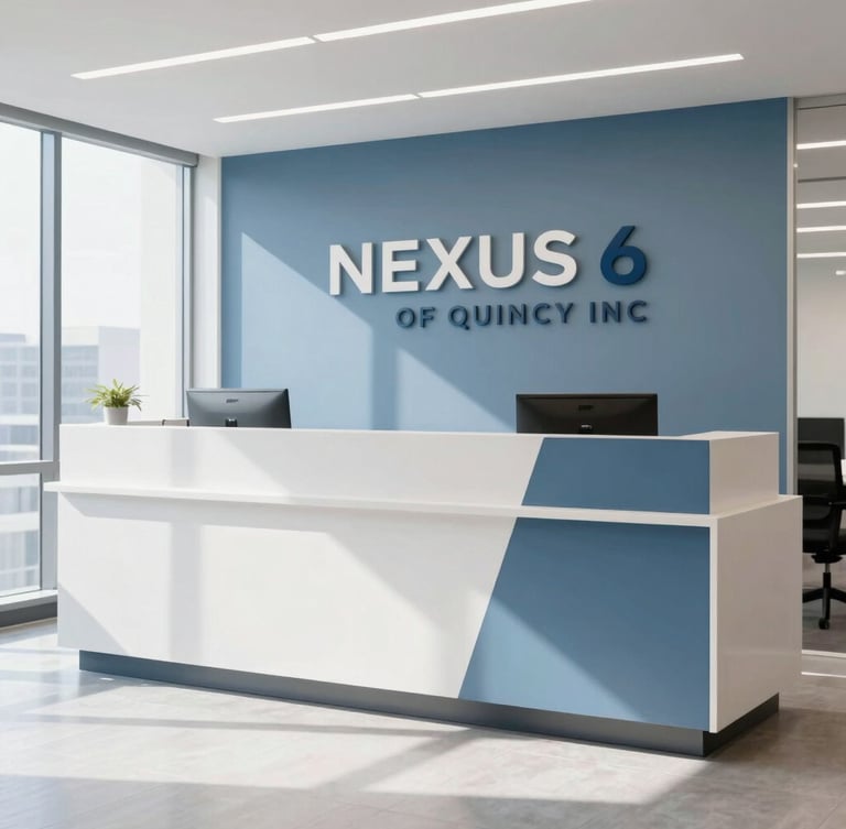 Bright, modern office interior, focus on a clean reception area with NEXUS 6 OF QUINCY INC branding subtly visible, natural light streaming in, professional and organized.