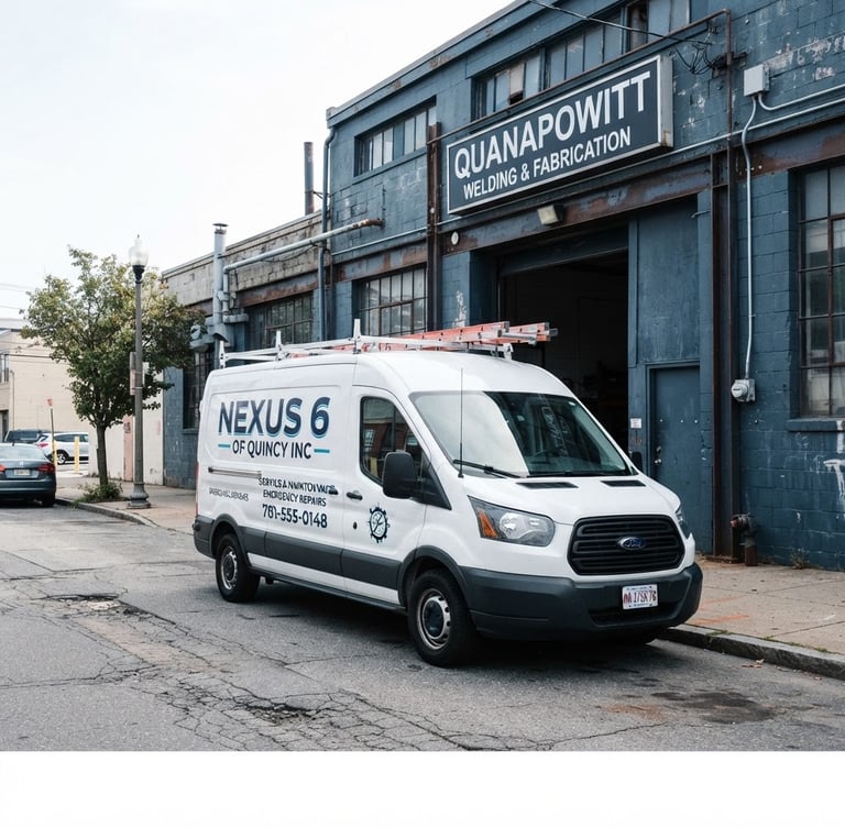 Branded NEXUS 6 OF QUINCY INC service vehicle parked clearly in front of a local Quincy business, bright daylight, industrial blue and slate tones.