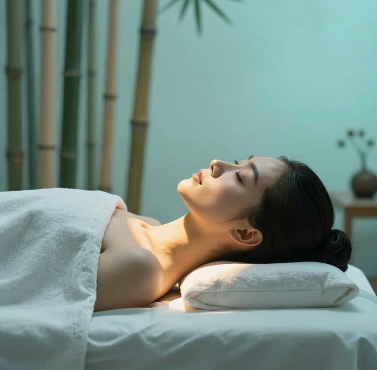 Vertical portrait of a serene face resting on a massage table, a precise beam of warm yellow light directed onto the shoulder, soft cyan ambient light, elegant bamboo stalks in the blurred background, 35mm lens.