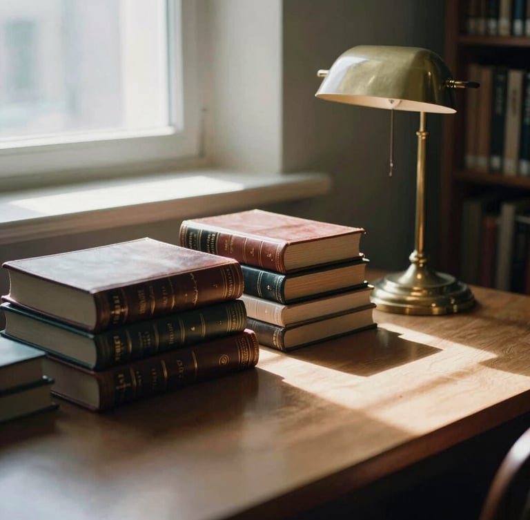 Close-up of an empty library study desk with stacked leather-bound volumes and a brass lamp, soft natural interior window light, deep shadows, 35mm lens.