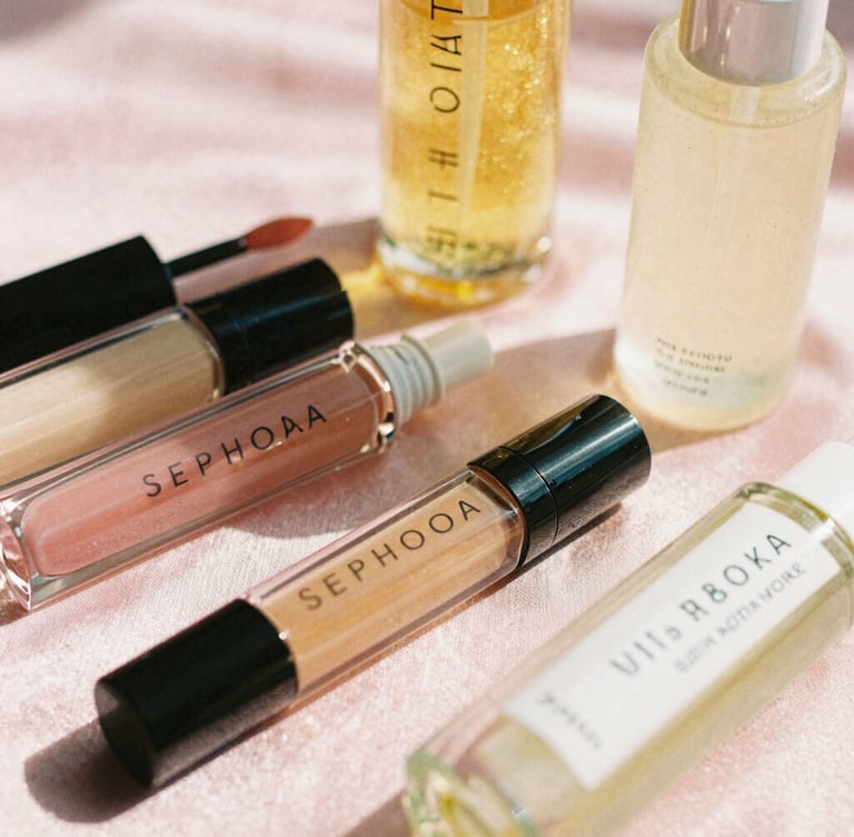 Close-up of viral Sephora lip oils and Bath and Body Works mists arranged on a soft pink satin surface, warm golden hour sunlight, shallow depth of field, 35mm film style
