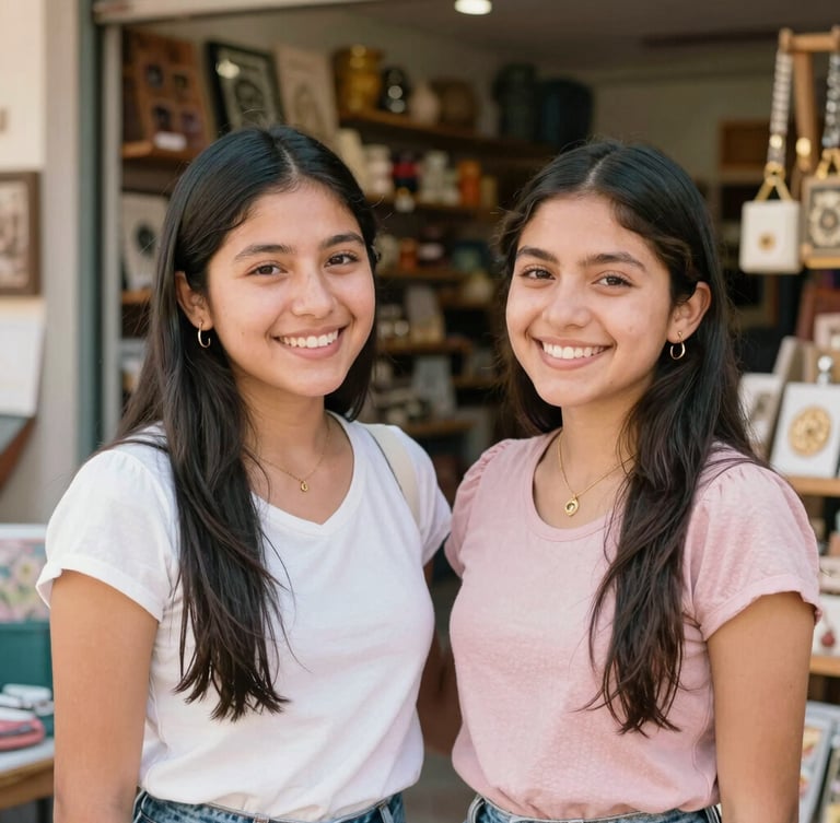 Candid portrait of two Mexican sisters smiling together in a local design bazar, warm natural daylight, soft pastel tones, shallow depth of field
