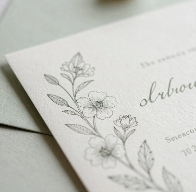 Tactile wedding invitations with delicate fine-line floral illustrations, soft diffused daylight, muted sage background, shallow depth of field