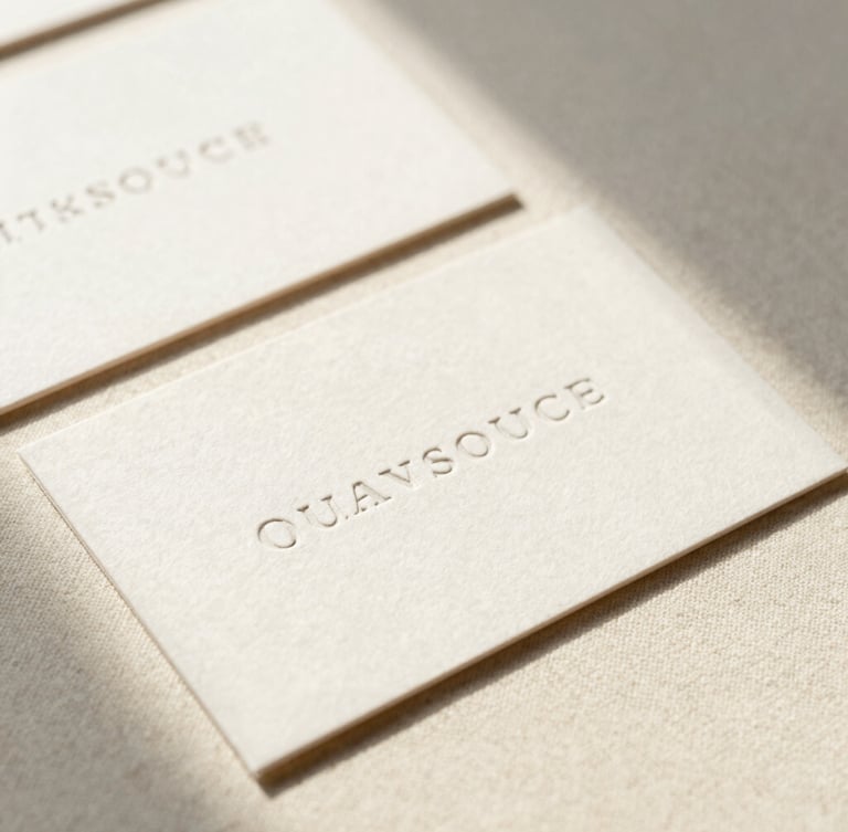 Macro shot of elegant heavy-weight business cards with letterpress typography resting on a warm cream linen surface, soft morning light casting gentle shadows from the side