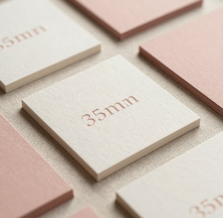 Close-up of elegant business cards on a textured linen surface, soft morning light, warm cream and dusty rose tones, 35mm