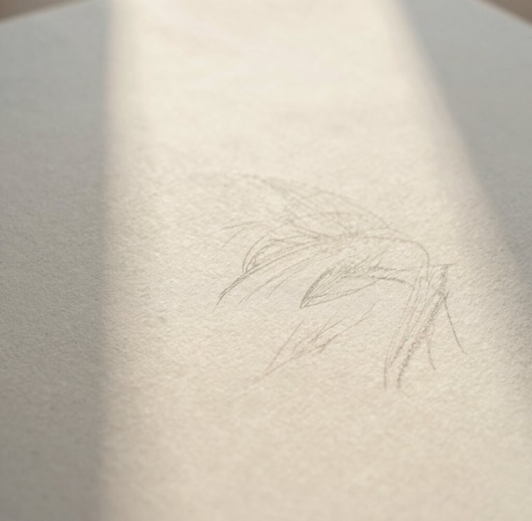 Close-up of tactile fine art paper with delicate pencil sketches and soft morning shadows on a warm cream surface, editorial 35mm photography