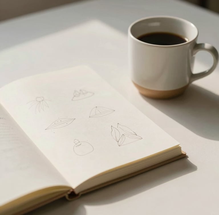A clean modern workspace with a ceramic cup, open notebook showing minimalist sketches, soft shadows, warm overcast light