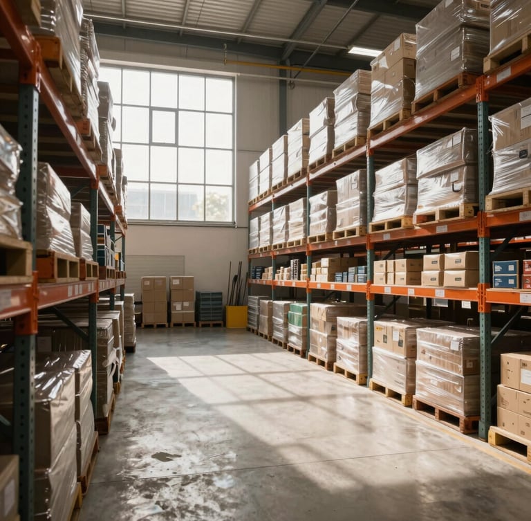 Wide angle photograph of a modern, organized distribution center in Brazil, warm natural daylight streaming through high windows, clean concrete floors, stacks of neatly packaged industrial goods on high shelves.