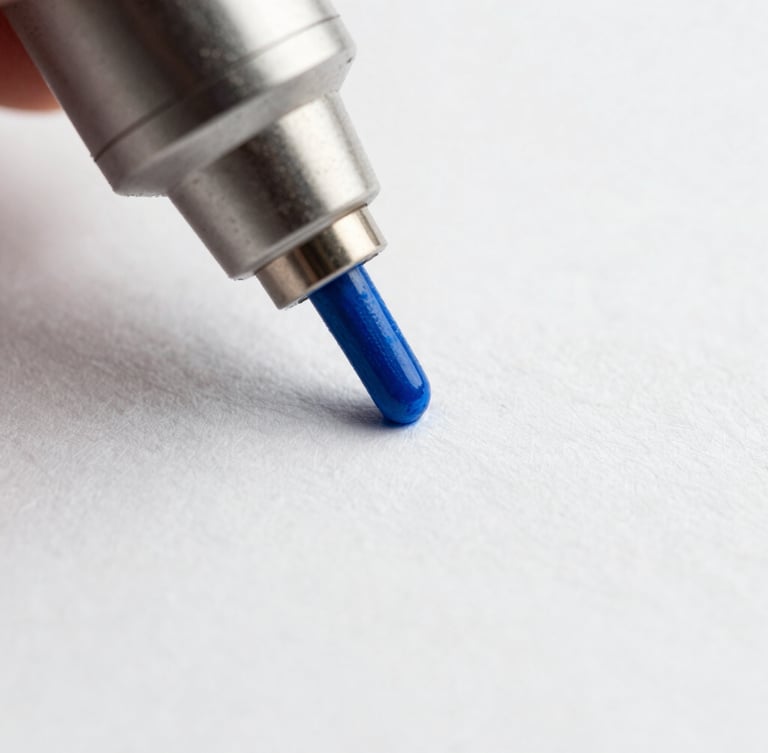 Extreme macro shot of a single laser-guided printing nozzle depositing vibrant blue ink onto textured white paper, high contrast studio lighting, 85mm lens