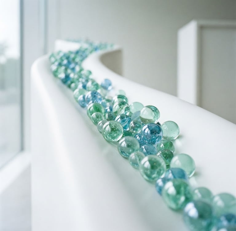 Abstract geometric representation of growth, clean mint green and blue glass spheres cascading down a pristine white slope, soft natural daylight, minimalist composition, shallow depth of field