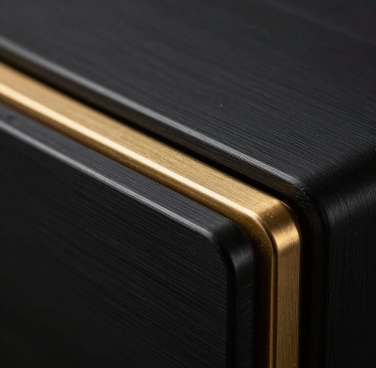 Macro shot of brushed black metal and gold hardware textures, low-key dramatic studio lighting, deep shadows, sharp details
