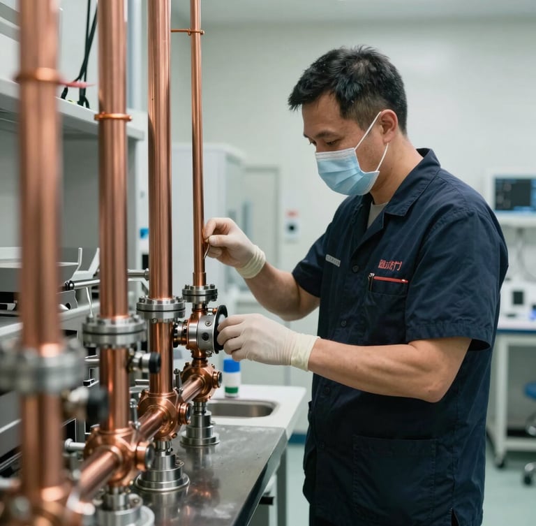 Bright clinical wide shot of a technician in a dark navy uniform wearing protective shoe covers adjusting a clean copper pipe assembly.