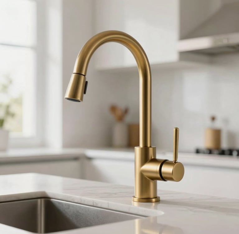 A close-up of a high-end brushed brass kitchen faucet in a bright, clinical, modern penthouse kitchen, sharp architectural lines, soft natural daylight reflecting off the metallic surface.