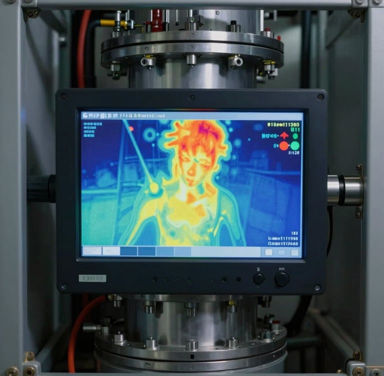 Close-up of a technical diagnostic screen showing thermal leak detection imaging inside a modern high-rise utility shaft, sharp clinical lighting