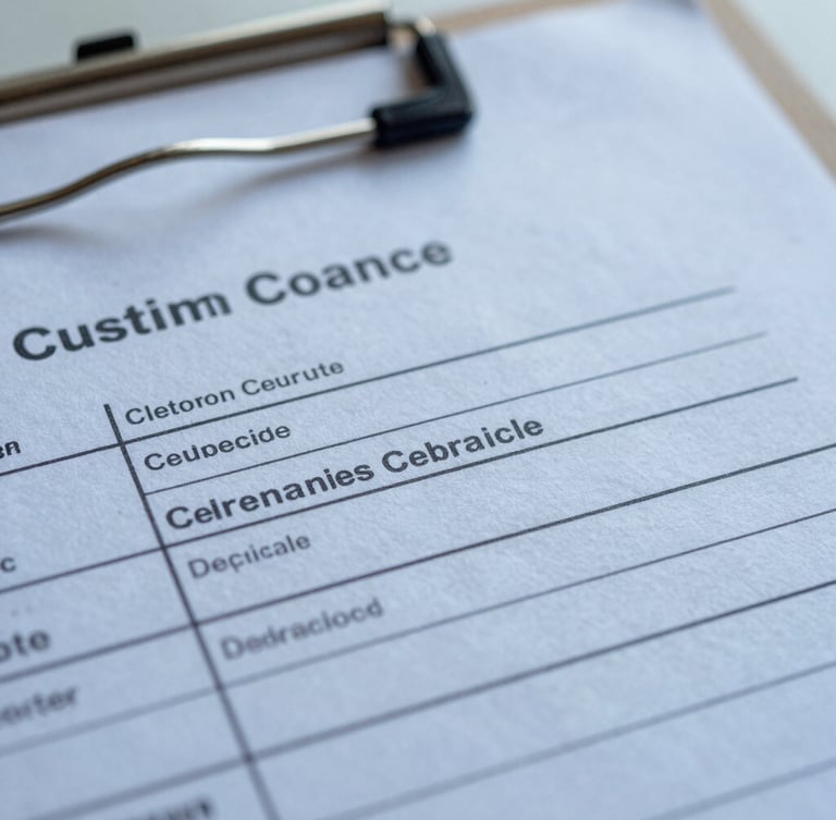 Macro close-up of a stamped customs clearance manifest on a steel clipboard, cold morning light, sharp focus on official regulatory markings, desaturated blue tones