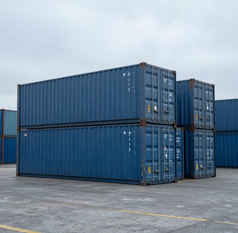Wide environmental shot of a modern Canadian container terminal under cool overcast daylight, steel blue tones, sharp focus, 35mm