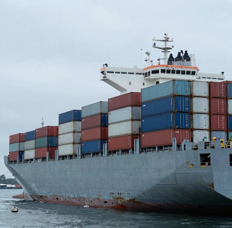 Wide-angle crisp industrial photography of a massive container vessel docked at a Canadian transit hub, cool overcast daylight, desaturated blues and steel tones, sharp focus, 35mm