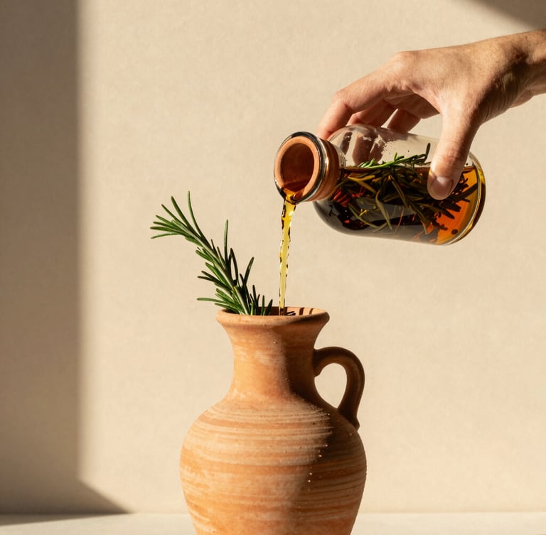 Portrait shot of hands pouring a rich, rosemary-infused botanical oil into a newly fired terracotta bottle, warm sun-drenched studio backdrop, high contrast.