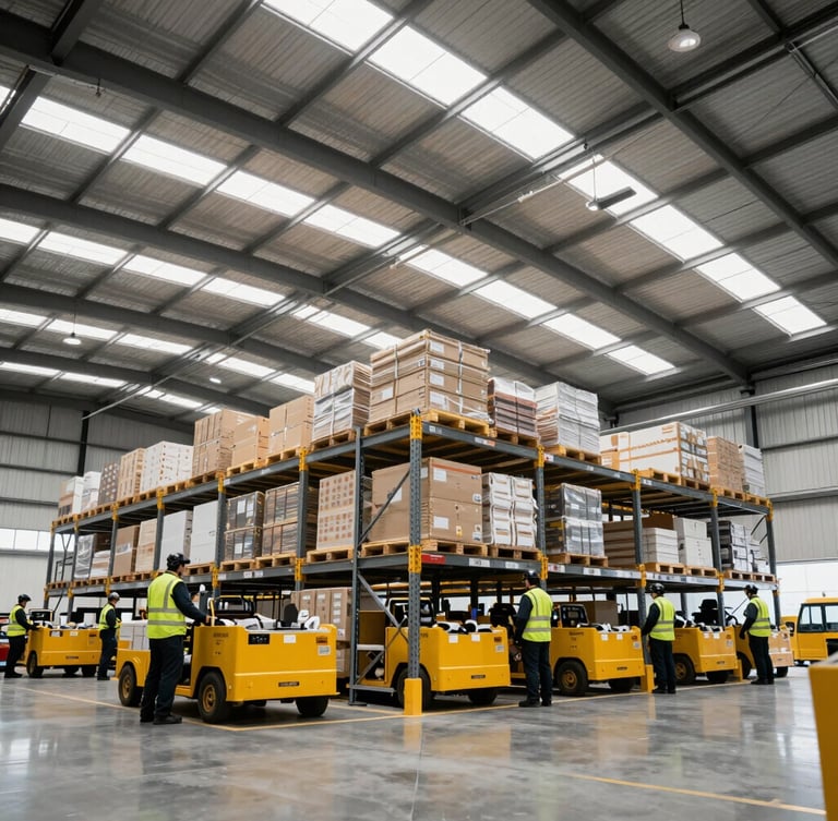 Low-angle heroic shot of a modern clean warehouse interior with organized high-vis logistics personnel, sharp industrial photography, crisp daylight, mustard yellow accents