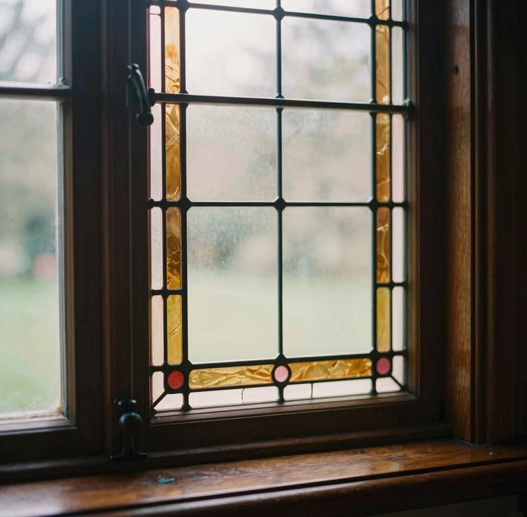 Macro shot of original stained glass window inside a Victorian parlor, warm sunlight filtering through amber and rose panes, casting colored light on polished dark wood.