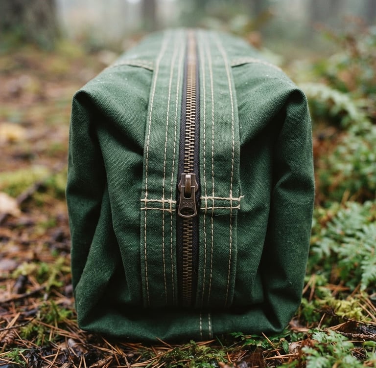 Close-up of a clean, folded forest green tent canvas with focus on double-stitched seams and heavy-duty zippers, soft morning mist lighting, 35mm film style